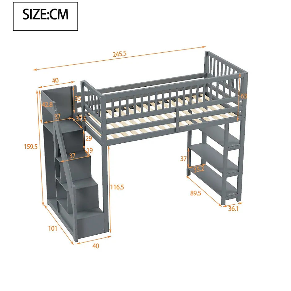 Okwish Lit mezzanine 90x200 cm simple avec rangement, escalier sécurisé, placard et étagères, bois massif et MDF gris sans matelas
