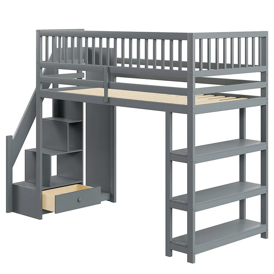 Okwish Lit mezzanine 90x200 cm simple avec rangement, escalier sécurisé, placard et étagères, bois massif et MDF gris sans matelas