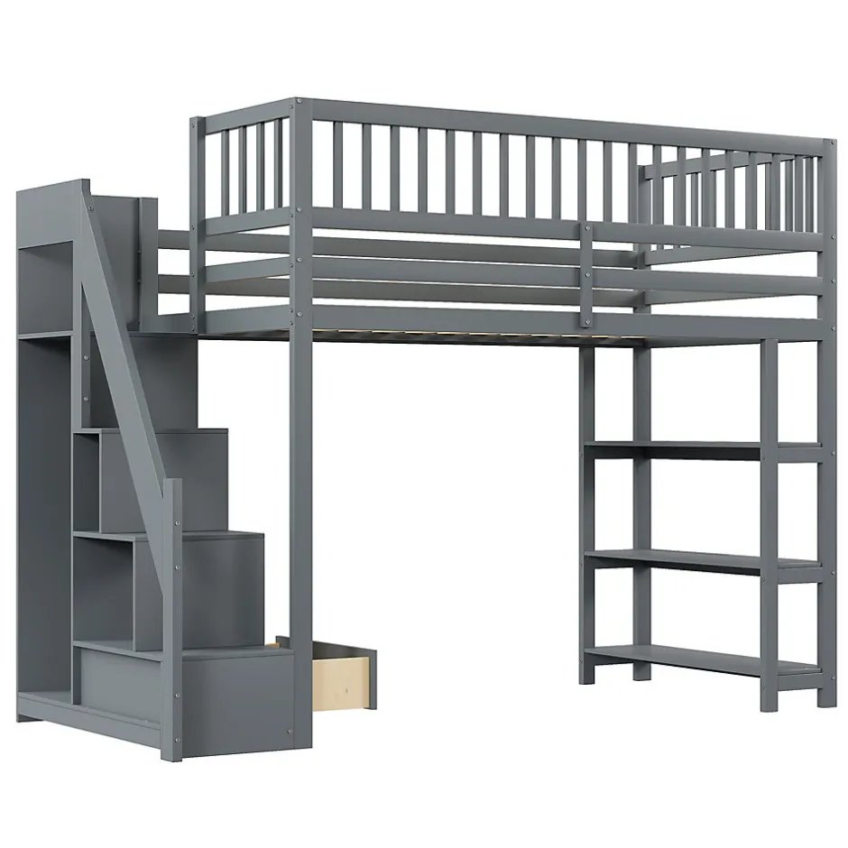 Okwish Lit mezzanine 90x200 cm simple avec rangement, escalier sécurisé, placard et étagères, bois massif et MDF gris sans matelas