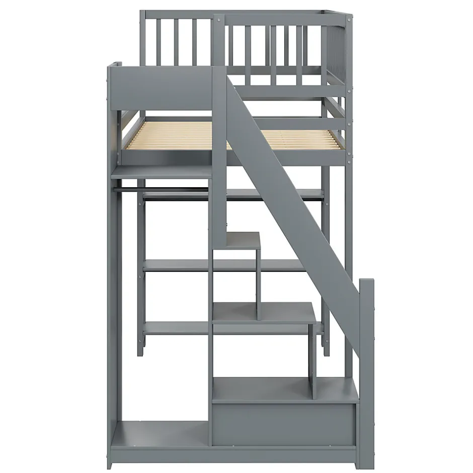 Okwish Lit mezzanine 90x200 cm simple avec rangement, escalier sécurisé, placard et étagères, bois massif et MDF gris sans matelas