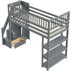 Okwish Lit mezzanine 90x200 cm simple avec rangement, escalier sécurisé, placard et étagères, bois massif et MDF gris sans matelas