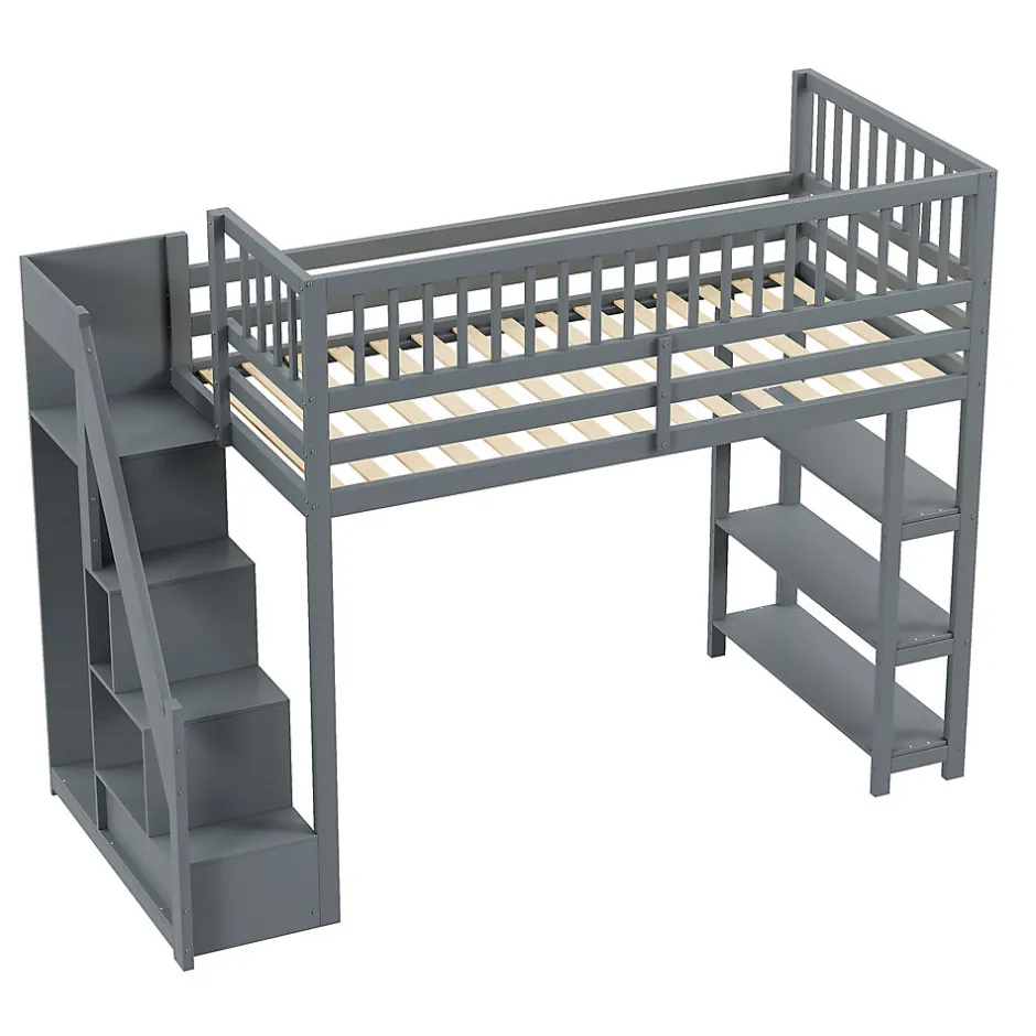 Okwish Lit mezzanine 90x200 cm simple avec rangement, escalier sécurisé, placard et étagères, bois massif et MDF gris sans matelas