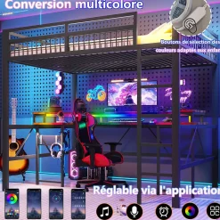 Okwish Lit Mezzanine 140x200 cm-Bureau Intégré, Éclairage LED Réglable et Panneau Perforé, Ports USB, Type-C et 2 Prises - Métal/MDF Noir Online