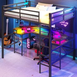 Okwish Lit Mezzanine 140x200 cm-Bureau Intégré, Éclairage LED Réglable et Panneau Perforé, Ports USB, Type-C et 2 Prises - Métal/MDF Noir Online