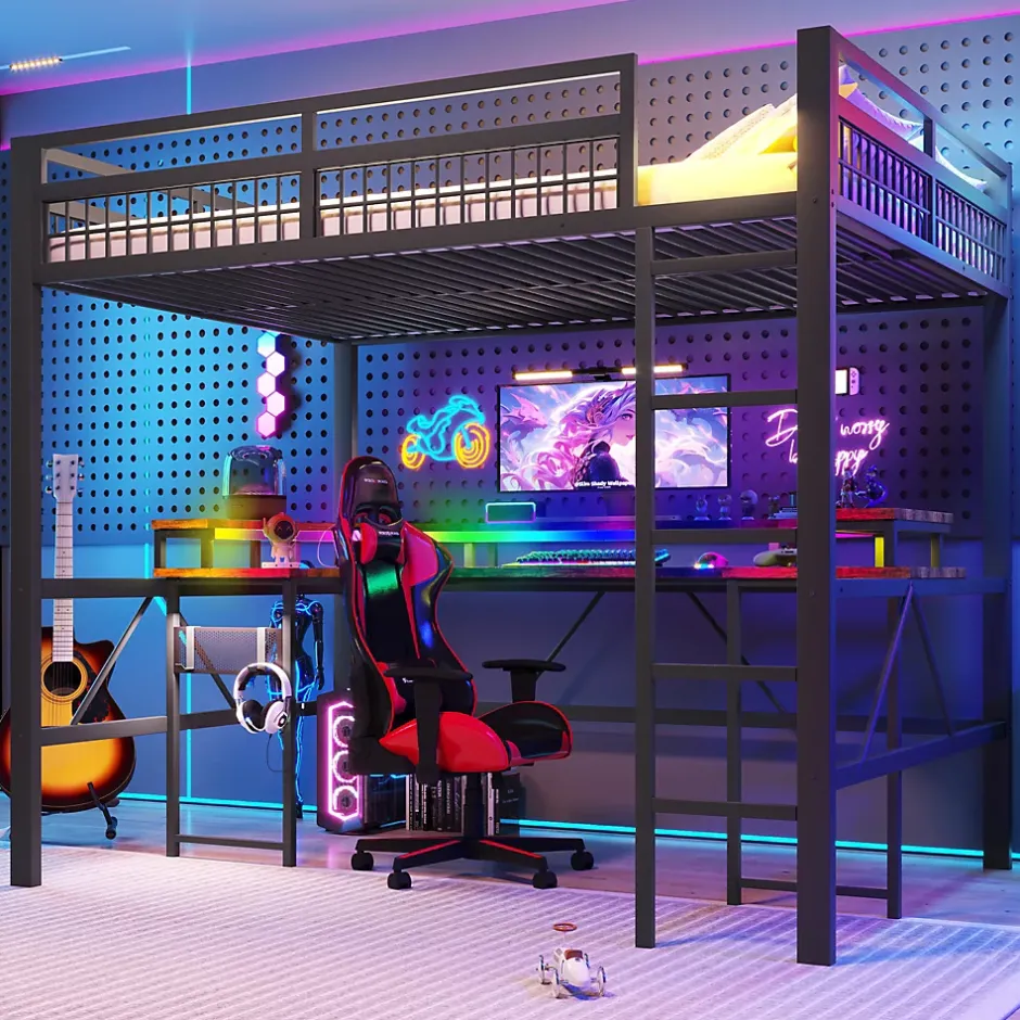 Okwish Lit Mezzanine 140x200 cm-Bureau Intégré, Éclairage LED Réglable et Panneau Perforé, Ports USB, Type-C et 2 Prises - Métal/MDF Noir Online