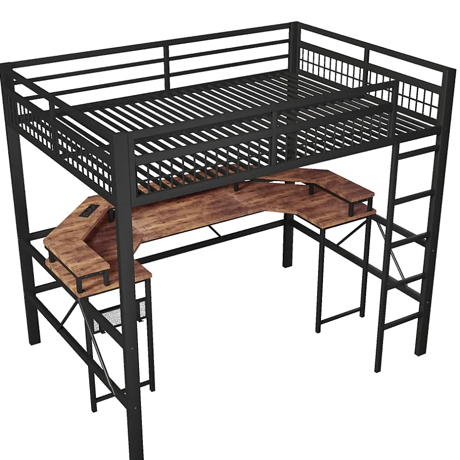Okwish Lit Mezzanine 140x200 cm-Bureau Intégré, Éclairage LED Réglable et Panneau Perforé, Ports USB, Type-C et 2 Prises - Métal/MDF Noir Online