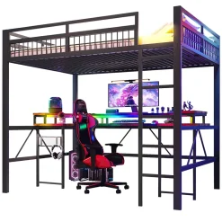 Okwish Lit Mezzanine 140x200 cm-Bureau Intégré, Éclairage LED Réglable et Panneau Perforé, Ports USB, Type-C et 2 Prises - Métal/MDF Noir Online