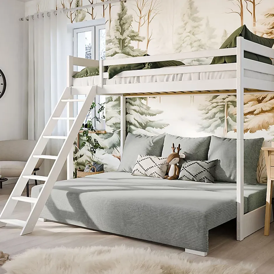 Petits-Meubles Lit mezzanine 90x200 sommier et canape inclus Orlane Blanc et gris