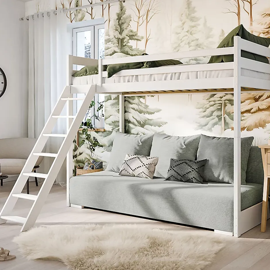 Petits-Meubles Lit mezzanine 90x200 sommier et canape inclus Orlane Blanc et gris