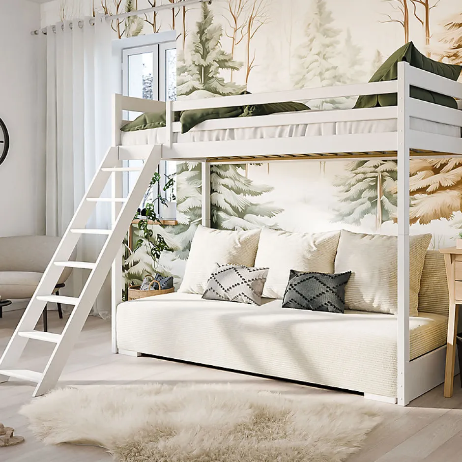 Enfant Petits-Meubles Lit mezzanine 90x200 sommier et canape inclus Orlane Blanc et blanc casse