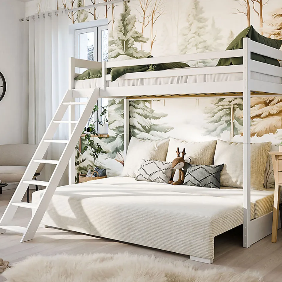 Enfant Petits-Meubles Lit mezzanine 90x200 sommier et canape inclus Orlane Blanc et blanc casse
