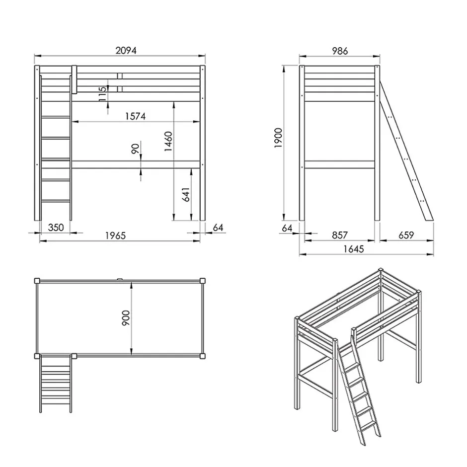 Enfant Petits-Meubles Lit Mezzanine 90x200 Sommier Inclus Vipack Pino - Blanc