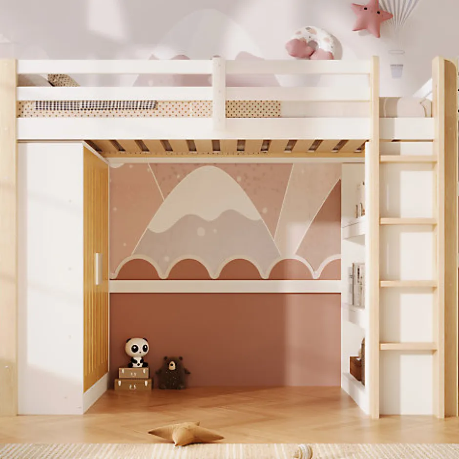 ModernLuxe Lit mezzanine 90x200cm - avec éclairage LED - avec armoire - avec étagères - blanc + naturel (matelas non inclus)