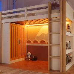 ModernLuxe Lit mezzanine 90x200cm - avec éclairage LED - avec armoire - avec étagères - blanc + naturel (matelas non inclus)