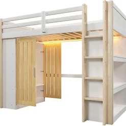 ModernLuxe Lit mezzanine 90x200cm - avec éclairage LED - avec armoire - avec étagères - blanc + naturel (matelas non inclus)