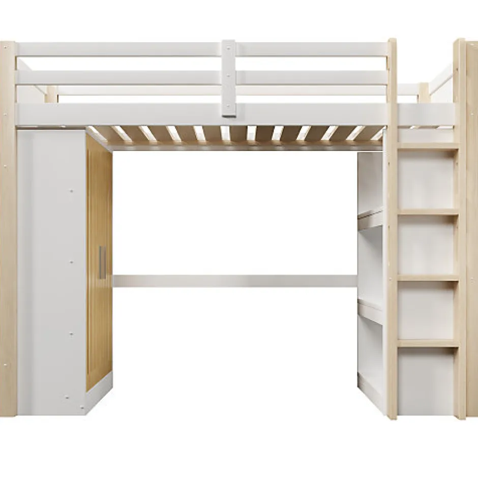 ModernLuxe Lit mezzanine 90x200cm - avec éclairage LED - avec armoire - avec étagères - blanc + naturel (matelas non inclus)