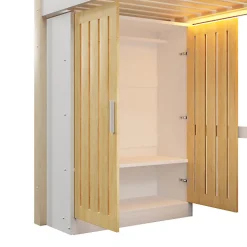 ModernLuxe Lit mezzanine 90x200cm - avec éclairage LED - avec armoire - avec étagères - blanc + naturel (matelas non inclus)