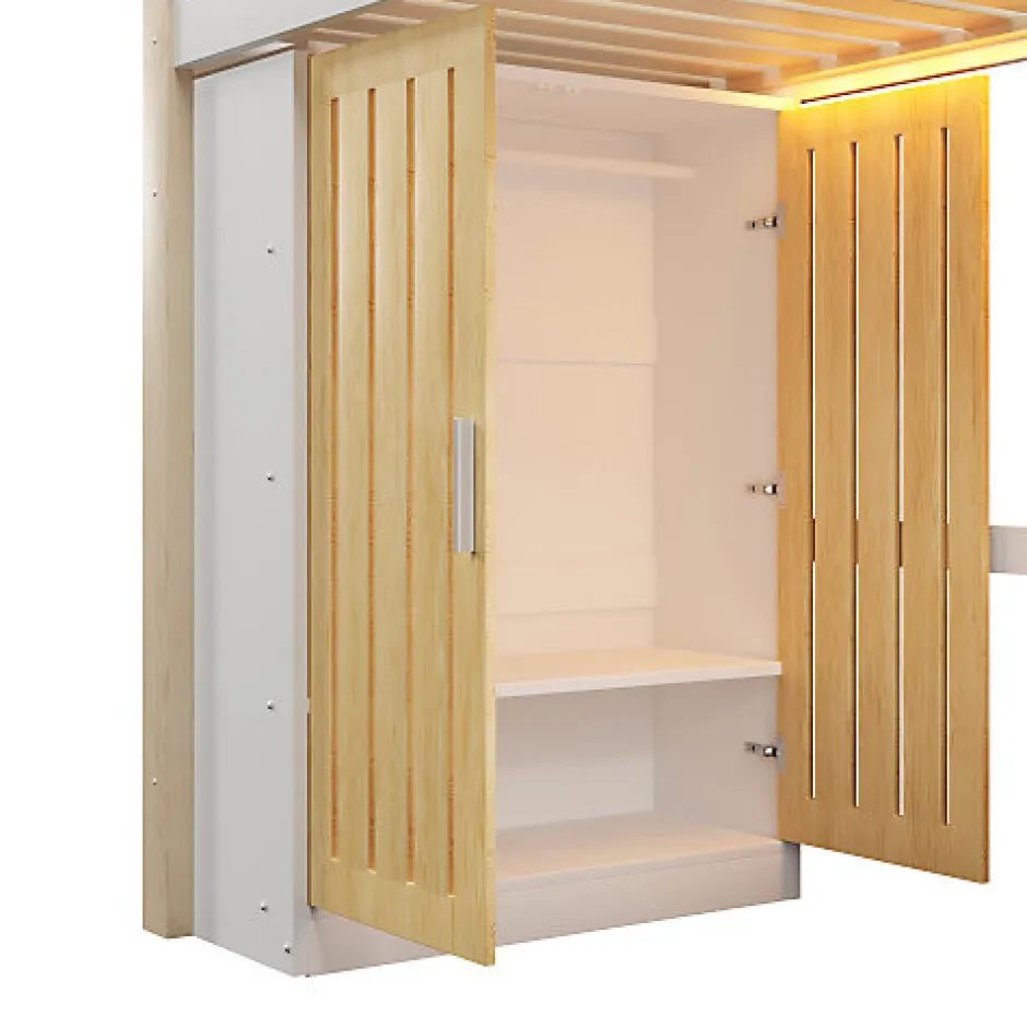 ModernLuxe Lit mezzanine 90x200cm - avec éclairage LED - avec armoire - avec étagères - blanc + naturel (matelas non inclus)