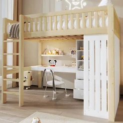 ModernLuxe Lit mezzanine 140x200cm - bureau et armoire - 3 tiroirs - escalier - naturel (matelas non inclus)