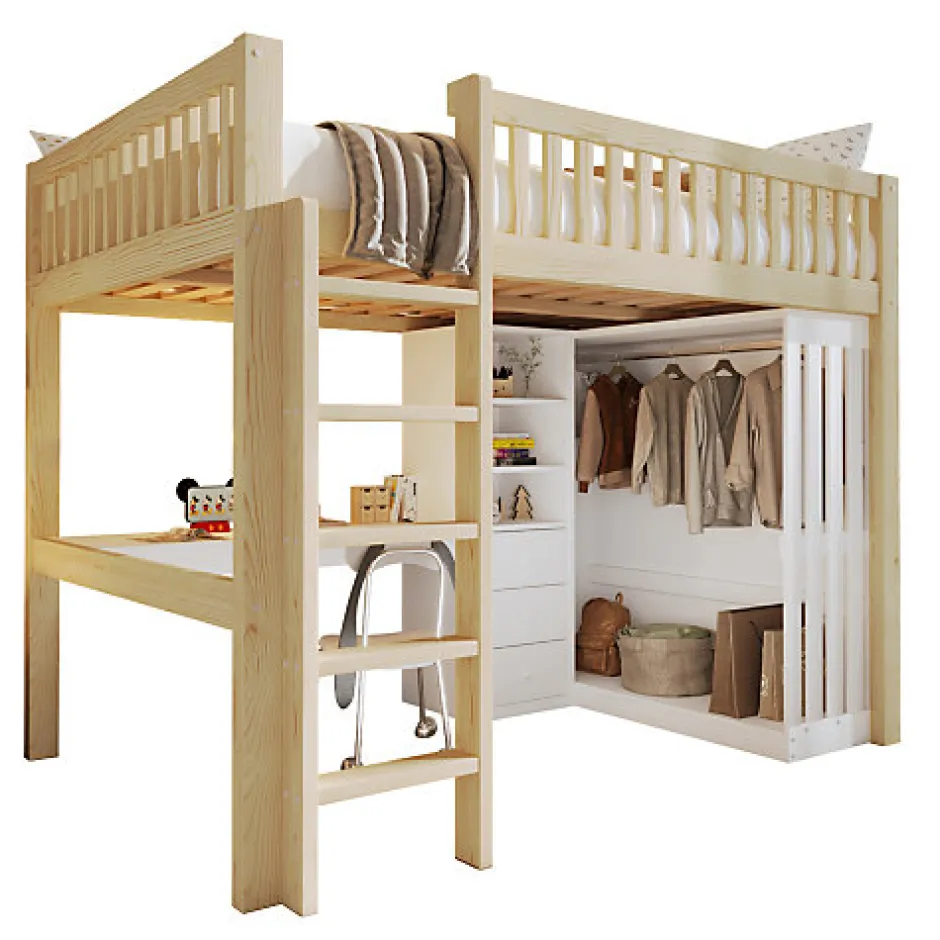 ModernLuxe Lit mezzanine 140x200cm - bureau et armoire - 3 tiroirs - escalier - naturel (matelas non inclus)