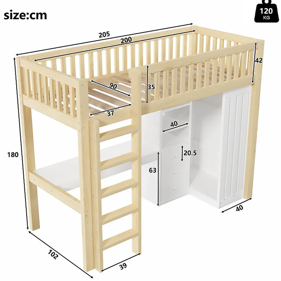 ModernLuxe Lit mezzanine 90x200cm - bureau et armoire - 3 tiroirs - escalier - naturel (matelas non inclus) Online