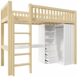ModernLuxe Lit mezzanine 90x200cm - bureau et armoire - 3 tiroirs - escalier - naturel (matelas non inclus) Online