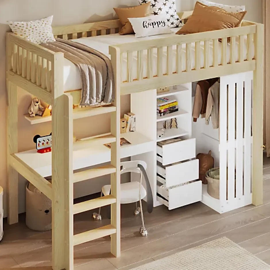 ModernLuxe Lit mezzanine 90x200cm - bureau et armoire - 3 tiroirs - escalier - naturel (matelas non inclus) Online