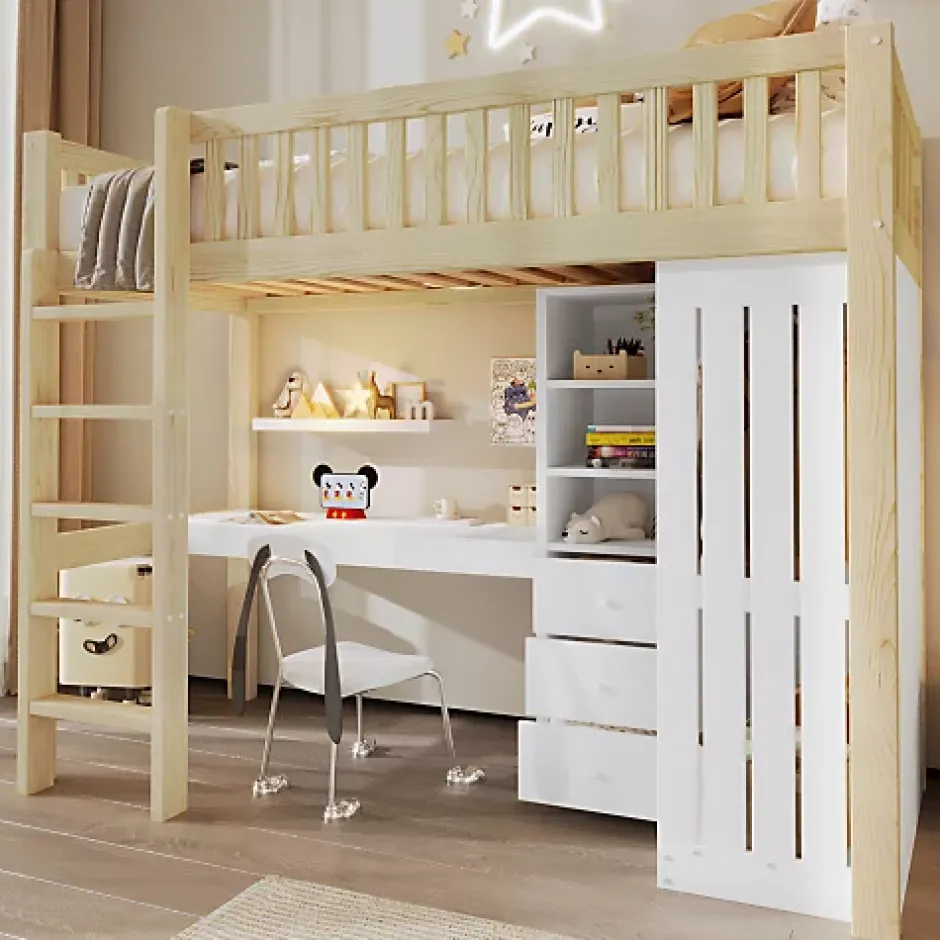 ModernLuxe Lit mezzanine 90x200cm - bureau et armoire - 3 tiroirs - escalier - naturel (matelas non inclus) Online