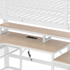 ModernLuxe Lit mezzanine 140x200cm - escalier de sécurité - rambarde - LED - bureau - port USB - blanc (matelas non inclus) Sale