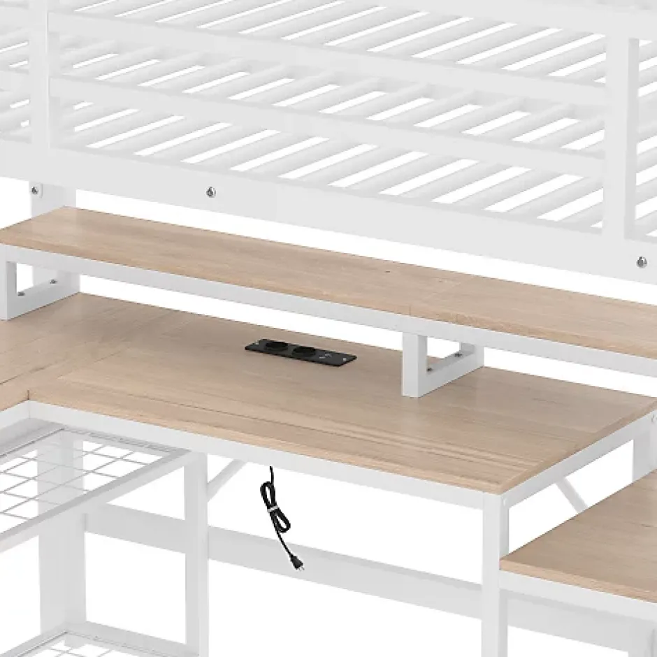 ModernLuxe Lit mezzanine 140x200cm - escalier de sécurité - rambarde - LED - bureau - port USB - blanc (matelas non inclus) Sale