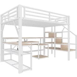 ModernLuxe Lit mezzanine 140x200cm - escalier de sécurité - rambarde - LED - bureau - port USB - blanc (matelas non inclus) Sale