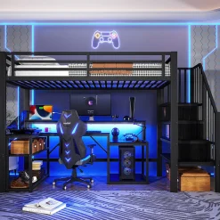 ModernLuxe Lit mezzanine 90x200cm - escalier de sécurité - rambarde - LED - bureau - port USB - noir (matelas non inclus)