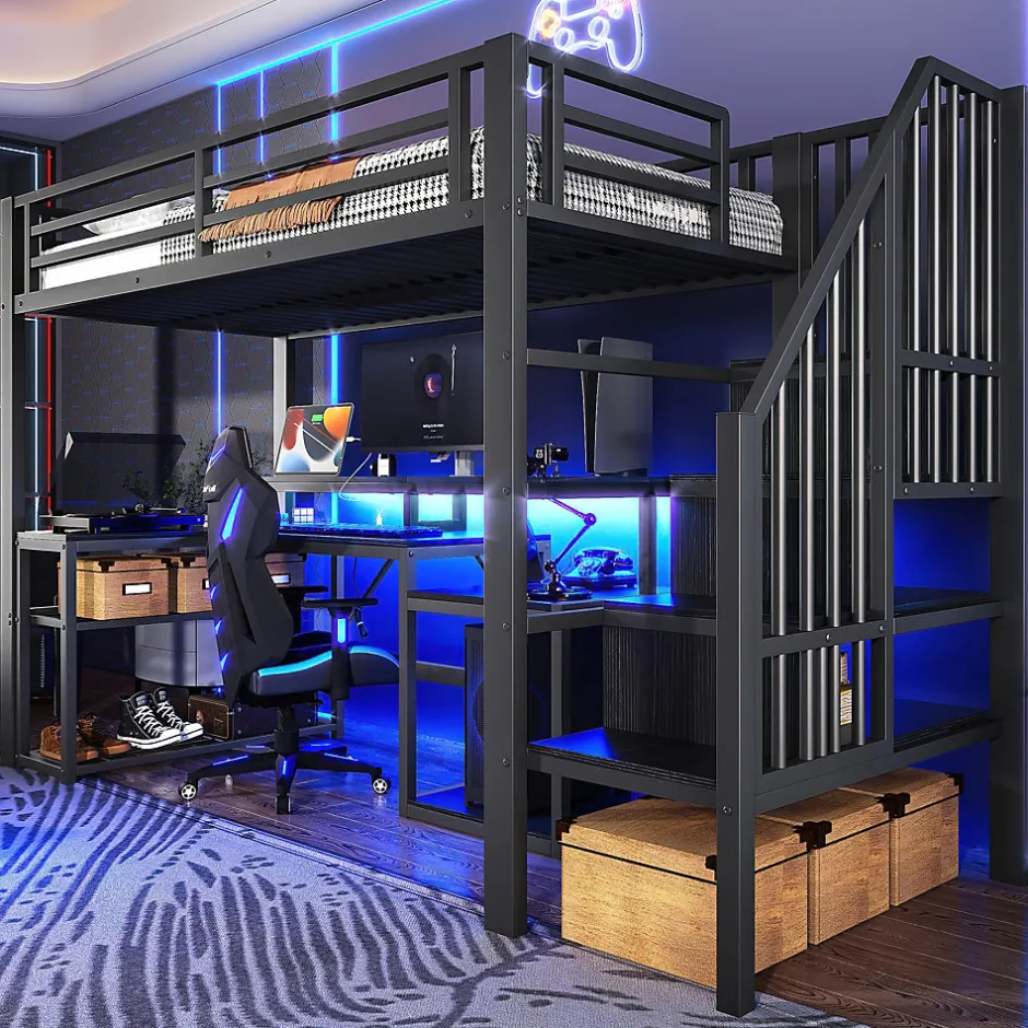 ModernLuxe Lit mezzanine 90x200cm - escalier de sécurité - rambarde - LED - bureau - port USB - noir (matelas non inclus)