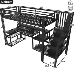 ModernLuxe Lit mezzanine 90x200cm - escalier de sécurité - rambarde - LED - bureau - port USB - noir (matelas non inclus)