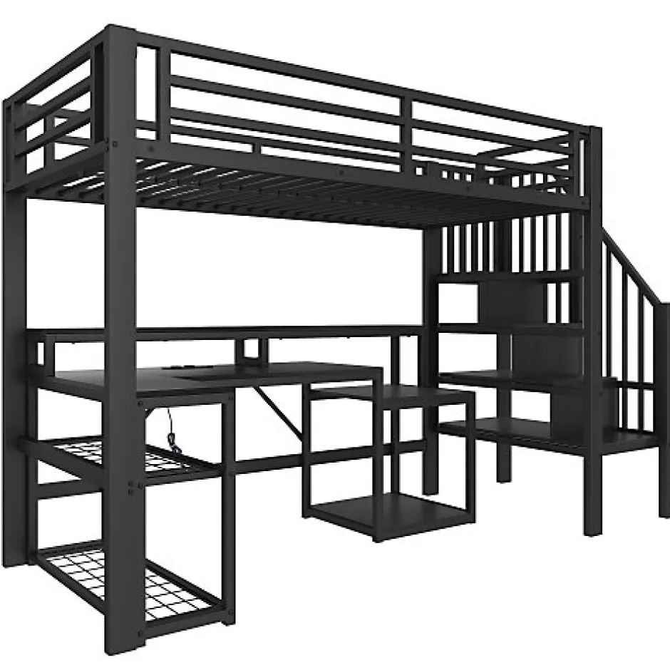 ModernLuxe Lit mezzanine 90x200cm - escalier de sécurité - rambarde - LED - bureau - port USB - noir (matelas non inclus)