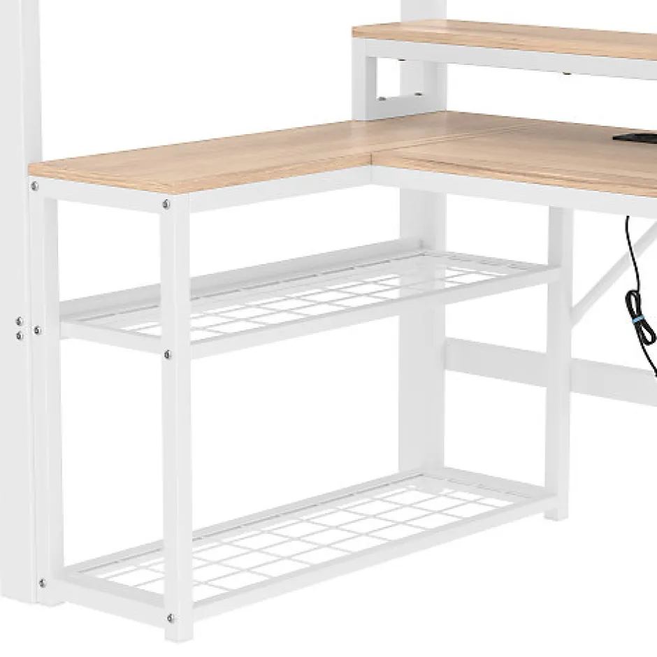 ModernLuxe Lit mezzanine 90x200cm - escalier de sécurité - rambarde - LED - bureau - port USB - blanc (matelas non inclus)