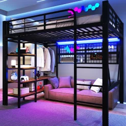 ModernLuxe Lit mezzanine 140x200cm - structure en fer - rangements - éclairage LED - noir (matelas non inclus)