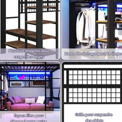 ModernLuxe Lit mezzanine 140x200cm - structure en fer - rangements - éclairage LED - noir (matelas non inclus)