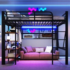ModernLuxe Lit mezzanine 140x200cm - structure en fer - rangements - éclairage LED - noir (matelas non inclus)