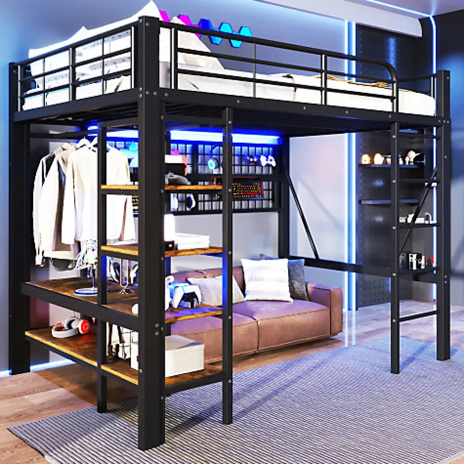ModernLuxe Lit mezzanine 140x200cm - structure en fer - rangements - éclairage LED - noir (matelas non inclus)