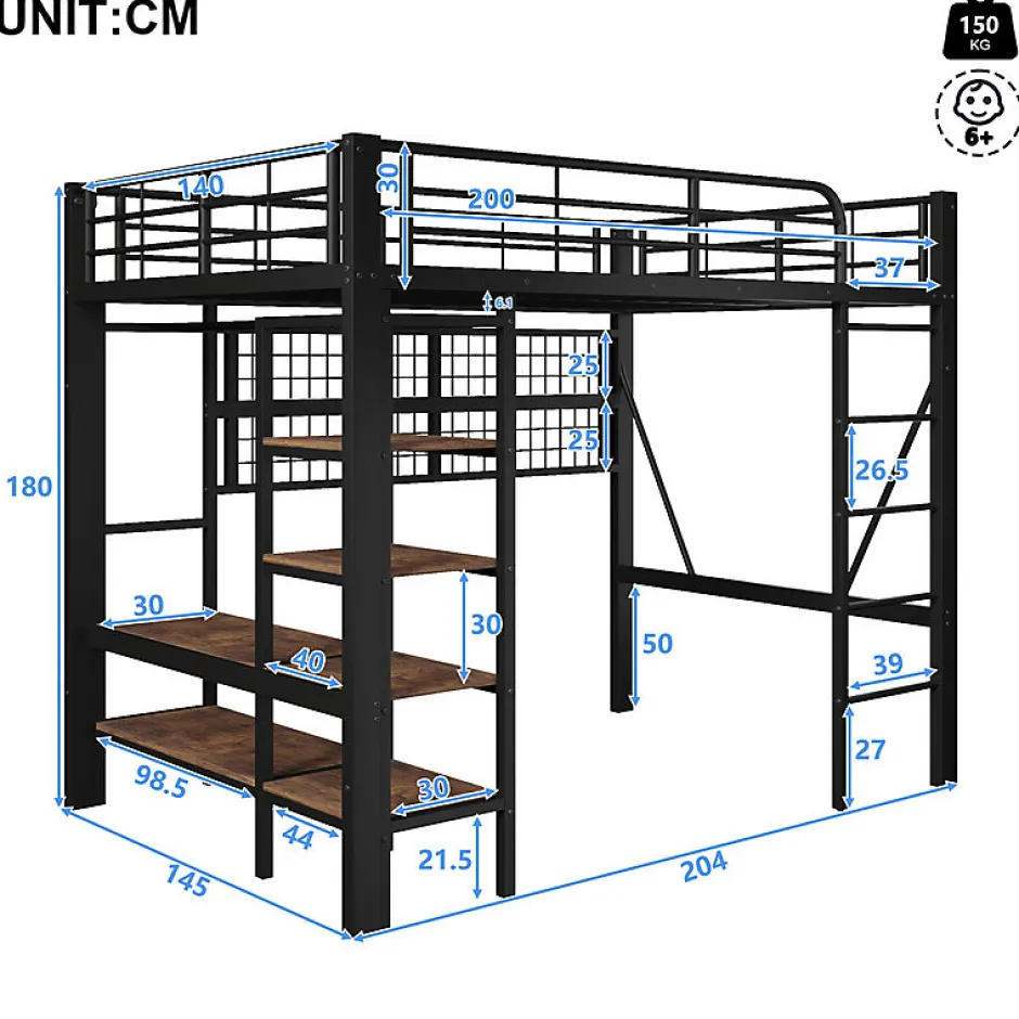 ModernLuxe Lit mezzanine 140x200cm - structure en fer - rangements - éclairage LED - noir (matelas non inclus)