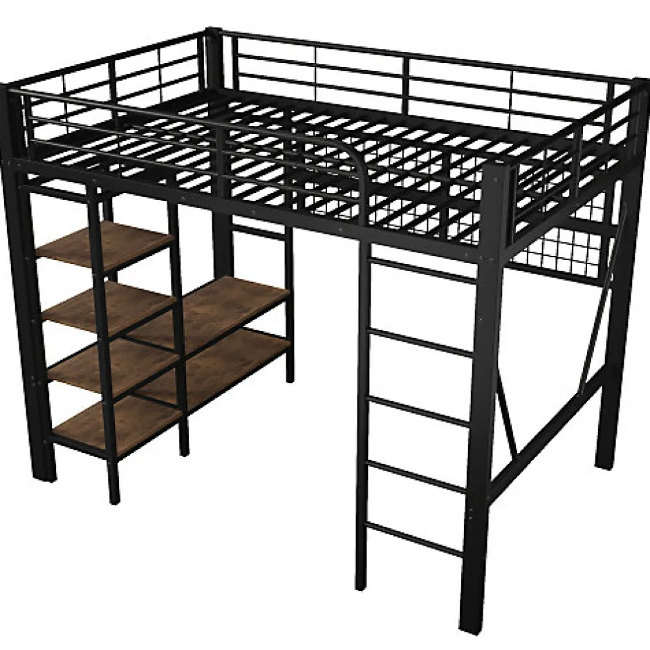 ModernLuxe Lit mezzanine 140x200cm - structure en fer - rangements - éclairage LED - noir (matelas non inclus)