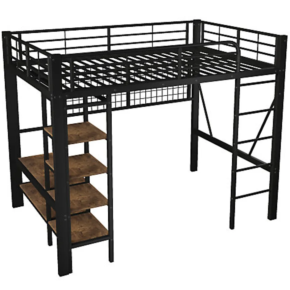 ModernLuxe Lit mezzanine 140x200cm - structure en fer - rangements - éclairage LED - noir (matelas non inclus)