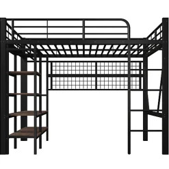 ModernLuxe Lit mezzanine 140x200cm - structure en fer - rangements - éclairage LED - noir (matelas non inclus)