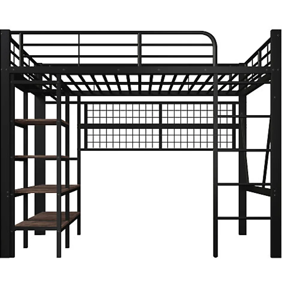 ModernLuxe Lit mezzanine 140x200cm - structure en fer - rangements - éclairage LED - noir (matelas non inclus)