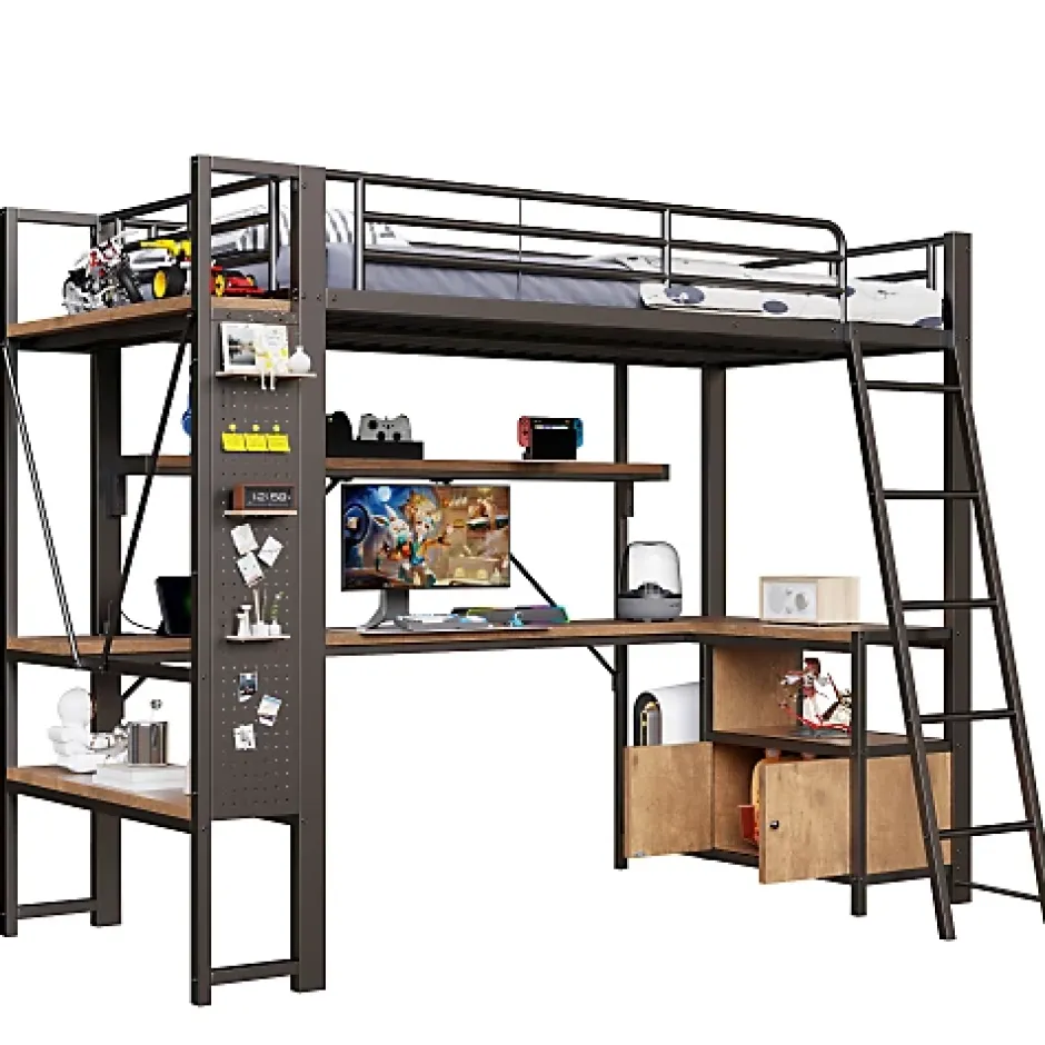 ModernLuxe Lit mezzanine 90x200cm - structure en fer - bureau avec étagère - LED - port USB - noir (matelas non inclus) Sale