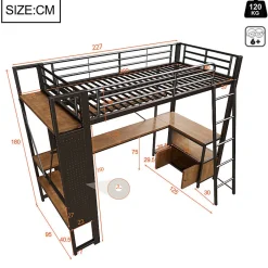 ModernLuxe Lit mezzanine 90x200cm - structure en fer - bureau avec étagère - LED - port USB - noir (matelas non inclus) Sale