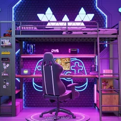 ModernLuxe Lit mezzanine 90x200cm - structure en fer - bureau avec étagère - LED - port USB - noir (matelas non inclus) Sale