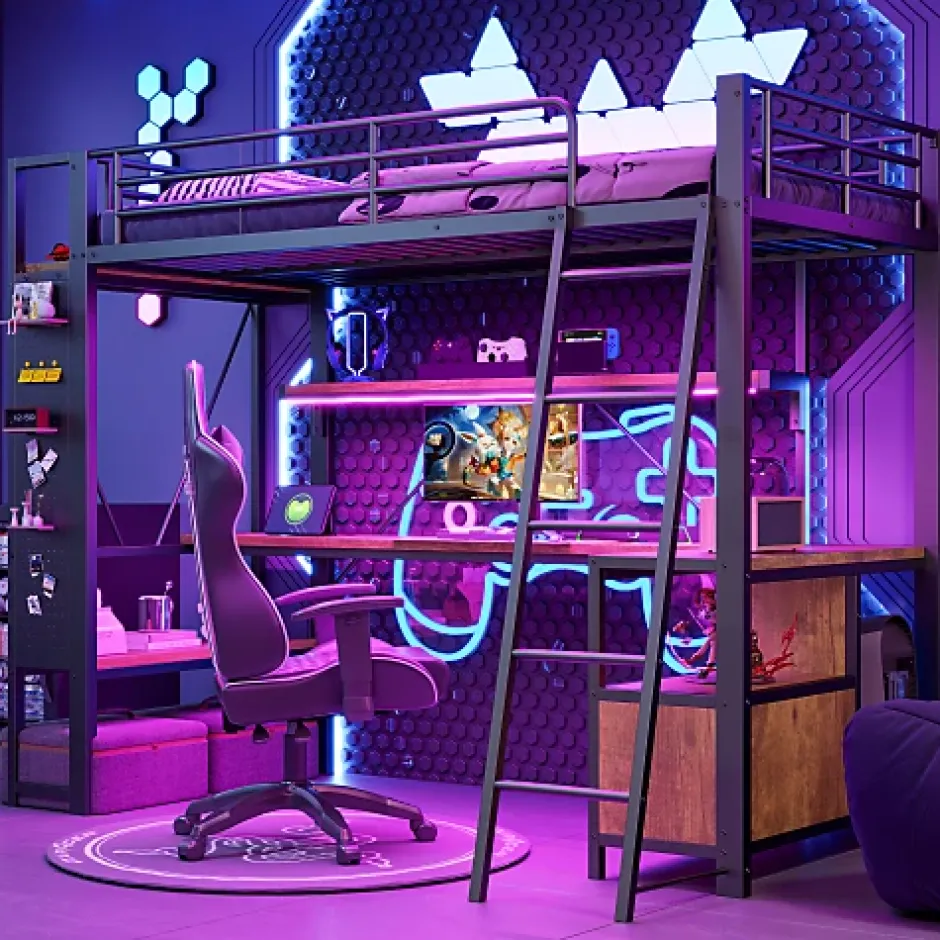 ModernLuxe Lit mezzanine 90x200cm - structure en fer - bureau avec étagère - LED - port USB - noir (matelas non inclus) Sale