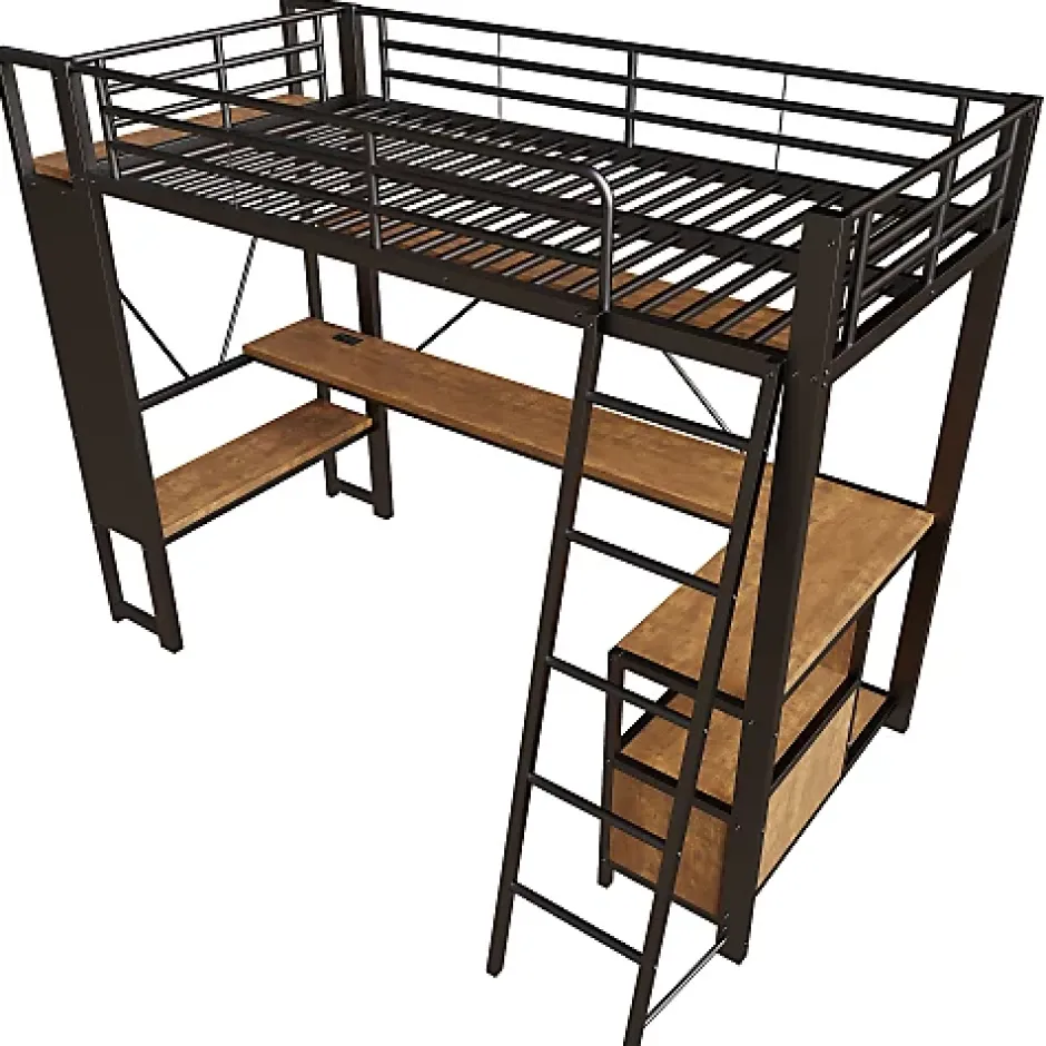 ModernLuxe Lit mezzanine 90x200cm - structure en fer - bureau avec étagère - LED - port USB - noir (matelas non inclus) Sale